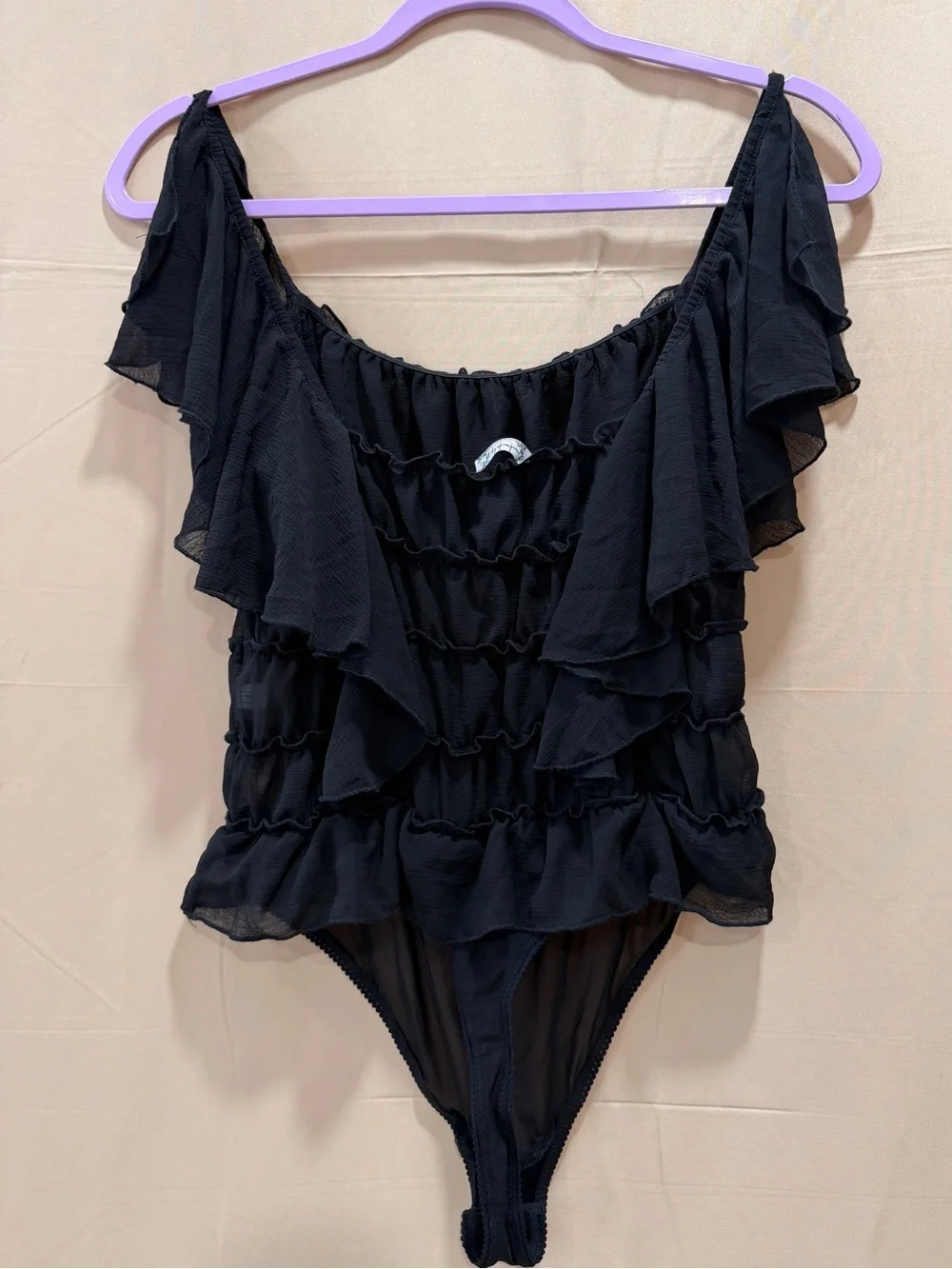 Intimately Free People Sheer Ruffle Cold Shoulder Bodysuit Black Size Small